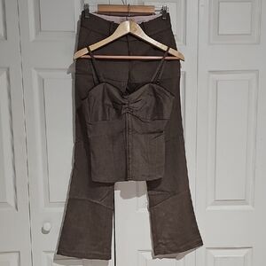 Brown Pinstripe Corset Top & Dress Pants Set – Size M / 1–2 (Mixed Brands)